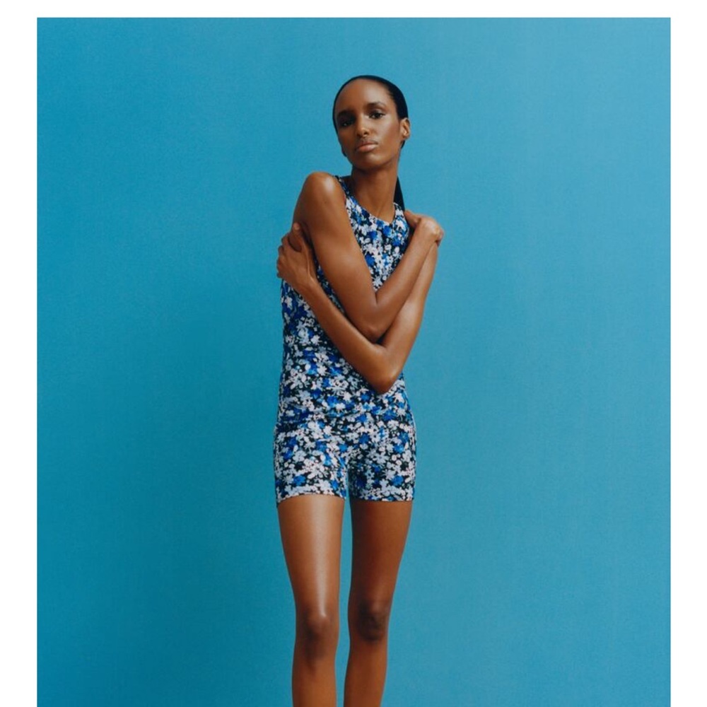 Zara blue floral romper with zipper and high neck